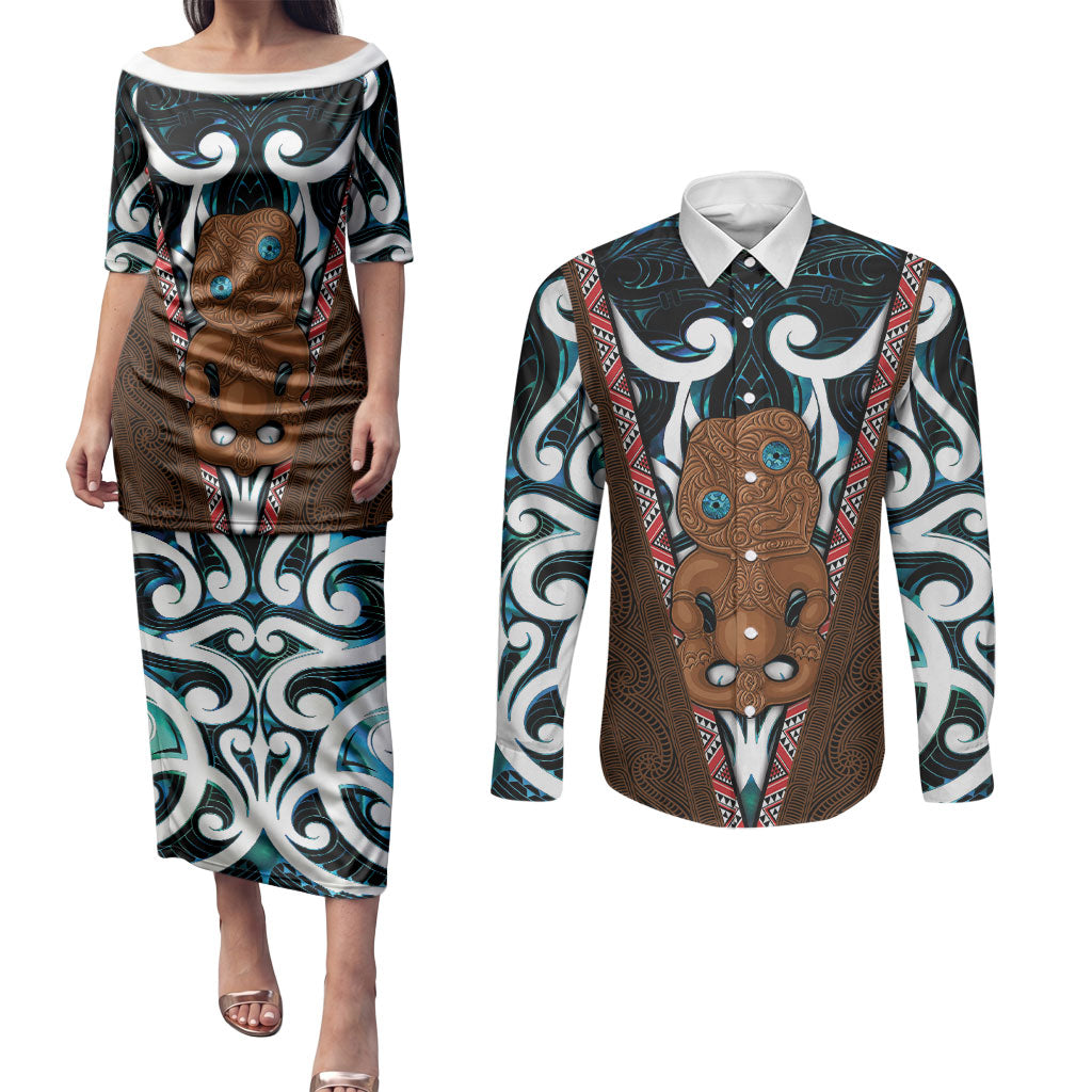 New Zealand Whakairo Couples Matching Puletasi and Long Sleeve Button Shirt Tiki Maori Carving Taniko Motifs