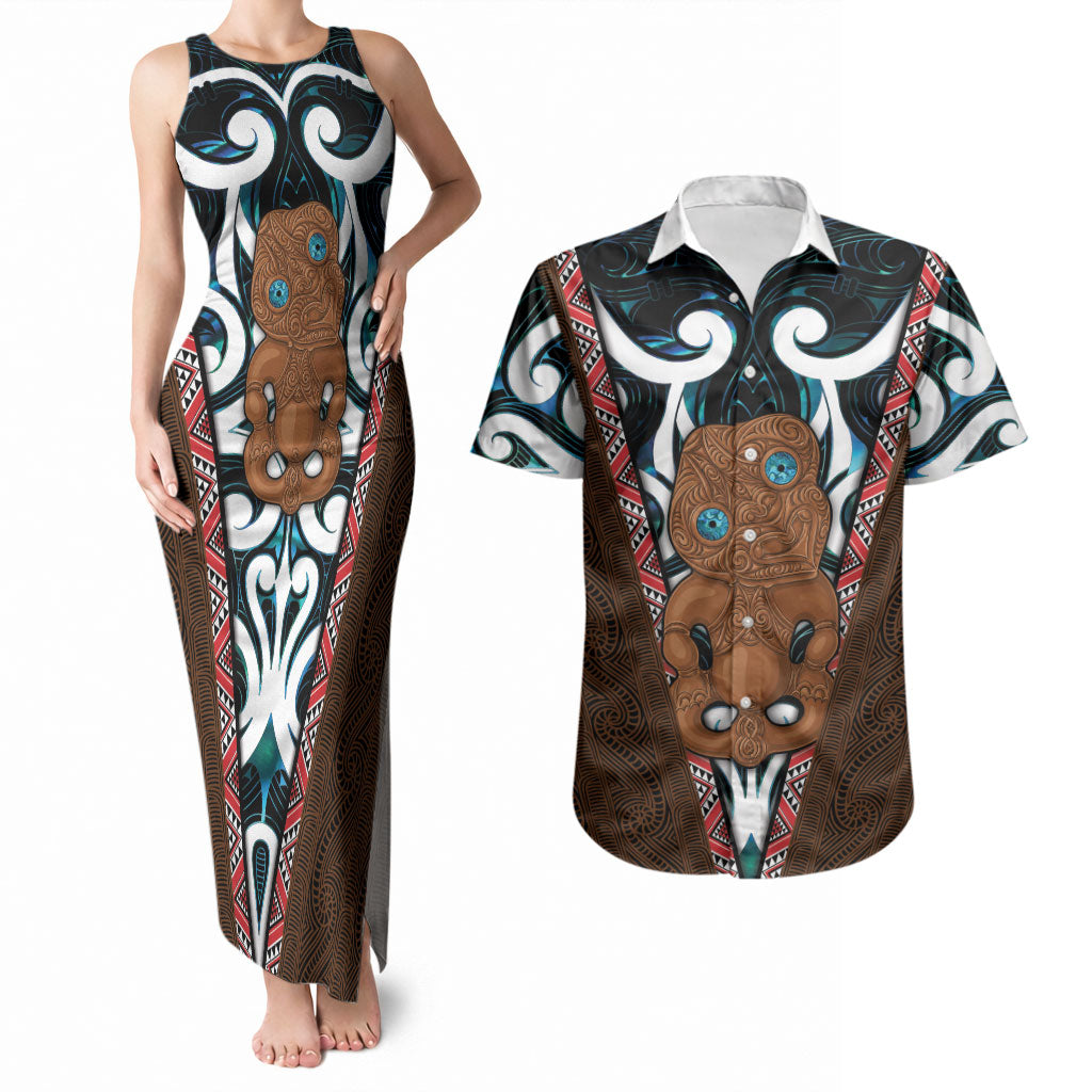 New Zealand Whakairo Couples Matching Tank Maxi Dress and Hawaiian Shirt Tiki Maori Carving Taniko Motifs