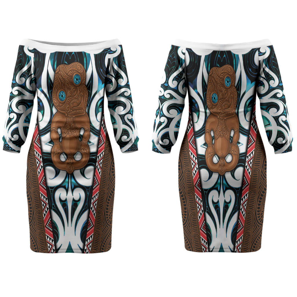New Zealand Whakairo Family Matching Off The Shoulder Long Sleeve Dress and Hawaiian Shirt Tiki Maori Carving Taniko Motifs