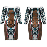 New Zealand Whakairo Family Matching Off The Shoulder Long Sleeve Dress and Hawaiian Shirt Tiki Maori Carving Taniko Motifs