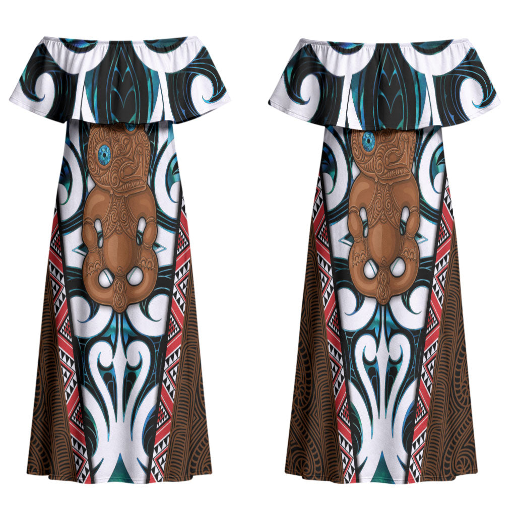 New Zealand Whakairo Family Matching Off Shoulder Maxi Dress and Hawaiian Shirt Tiki Maori Carving Taniko Motifs