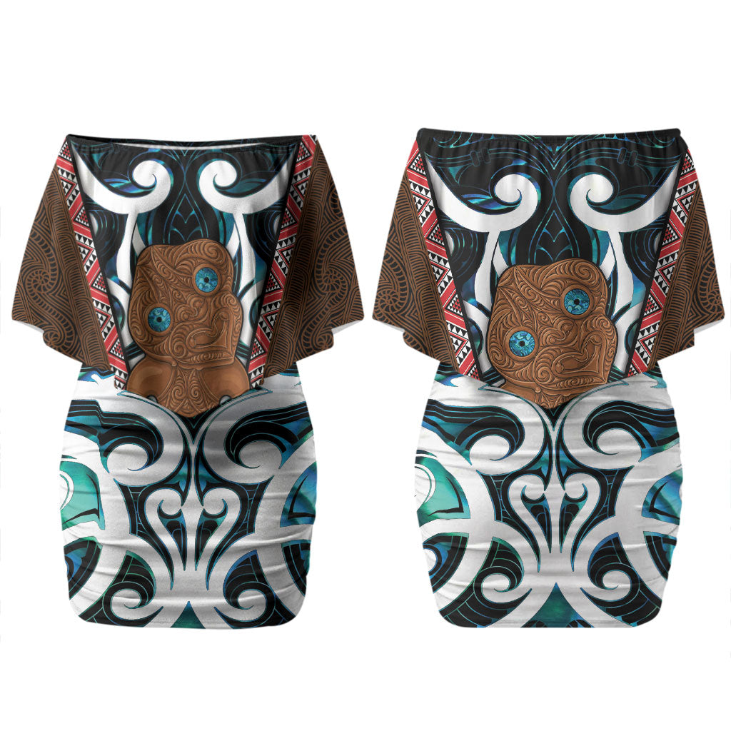 New Zealand Whakairo Family Matching Off Shoulder Short Dress and Hawaiian Shirt Tiki Maori Carving Taniko Motifs