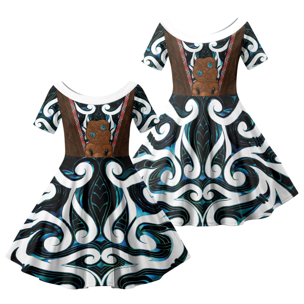 New Zealand Whakairo Family Matching Off Shoulder Short Dress and Hawaiian Shirt Tiki Maori Carving Taniko Motifs