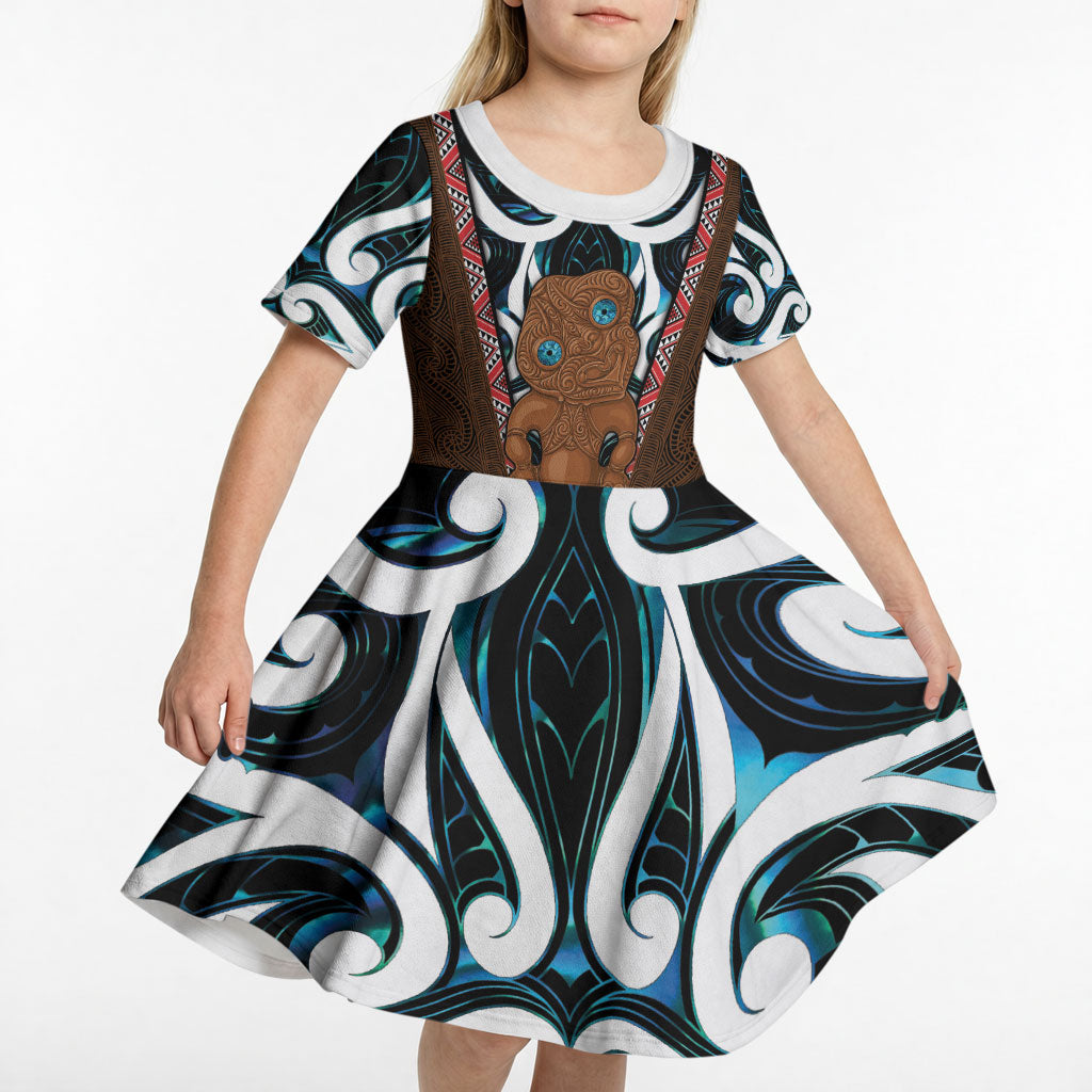 New Zealand Whakairo Kid Short Sleeve Dress Tiki Maori Carving Taniko Motifs