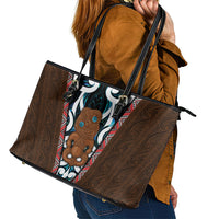 New Zealand Whakairo Leather Tote Bag Tiki Maori Carving Taniko Motifs