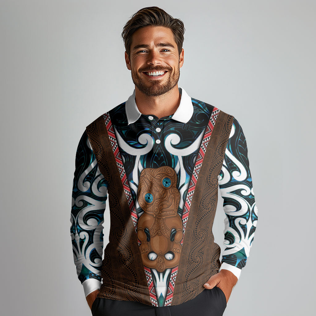 New Zealand Whakairo Long Sleeve Polo Shirt Tiki Maori Carving Taniko Motifs