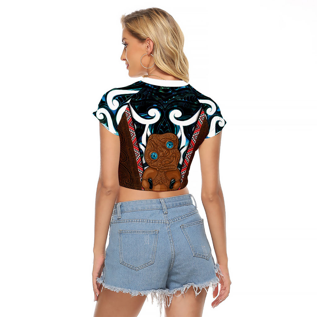 New Zealand Whakairo Raglan Cropped T Shirt Tiki Maori Carving Taniko Motifs