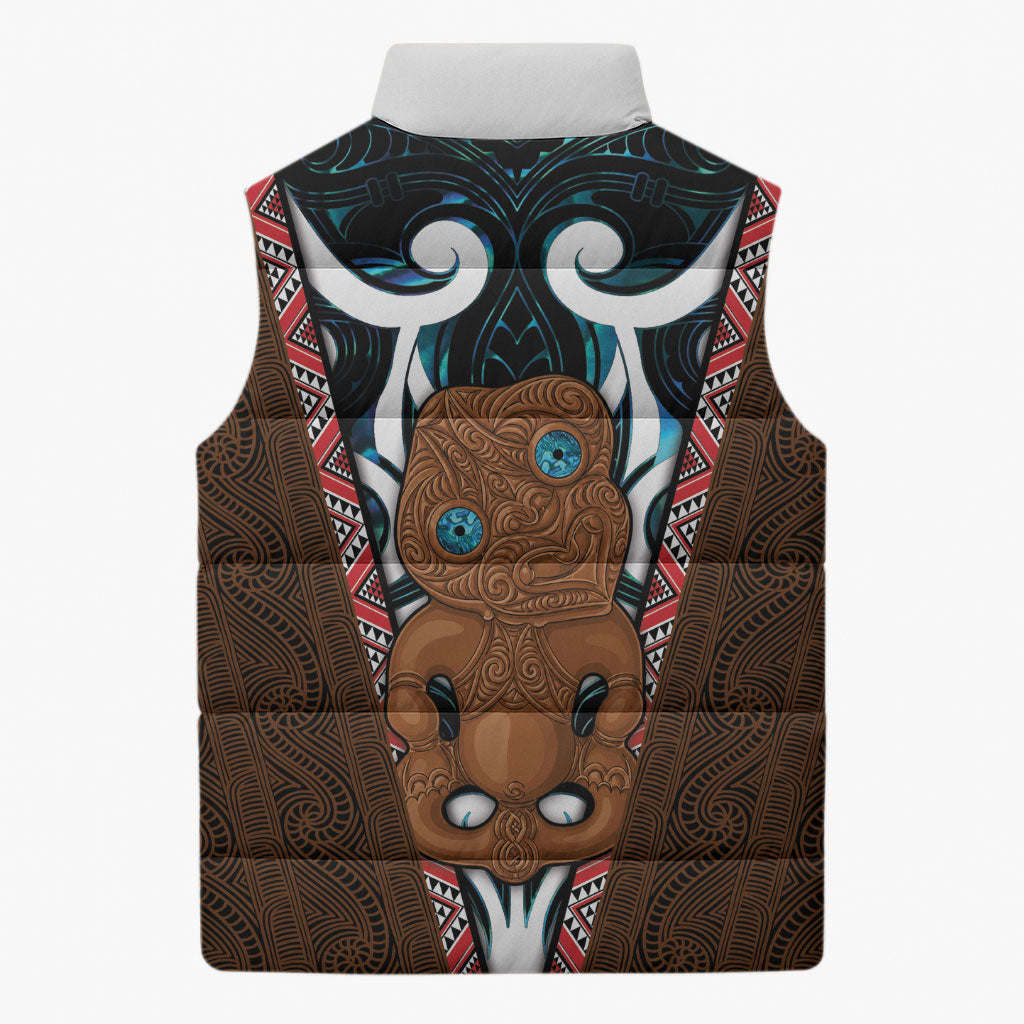 New Zealand Whakairo Sleeveless Puffer Jacket Tiki Maori Carving Taniko Motifs