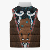 New Zealand Whakairo Sleeveless Puffer Jacket Tiki Maori Carving Taniko Motifs