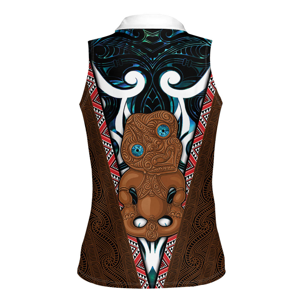 New Zealand Whakairo Women Sleeveless Polo Shirt Tiki Maori Carving Taniko Motifs