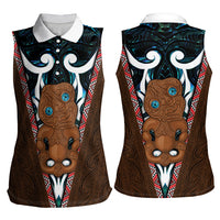 New Zealand Whakairo Women Sleeveless Polo Shirt Tiki Maori Carving Taniko Motifs