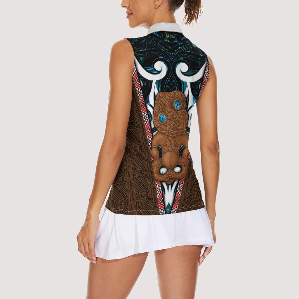 New Zealand Whakairo Women Sleeveless Polo Shirt Tiki Maori Carving Taniko Motifs