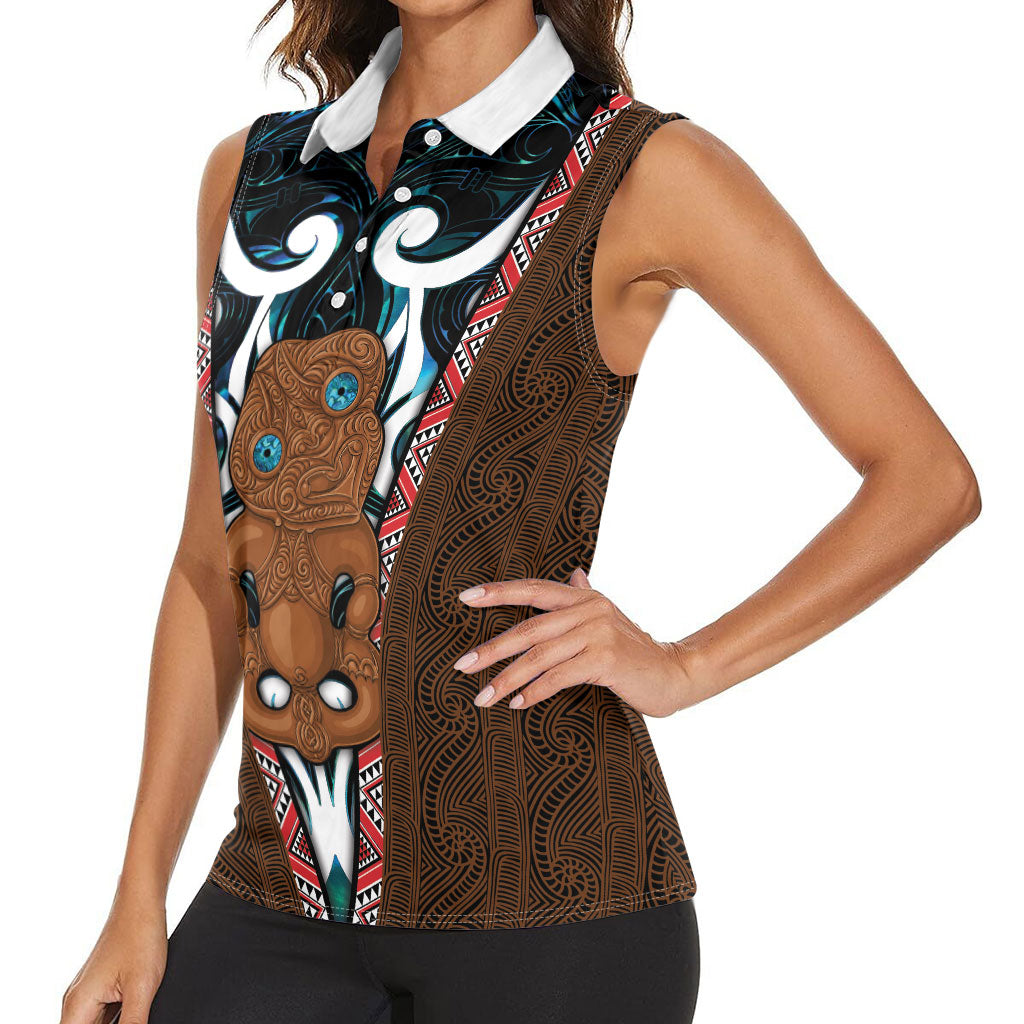 New Zealand Whakairo Women Sleeveless Polo Shirt Tiki Maori Carving Taniko Motifs