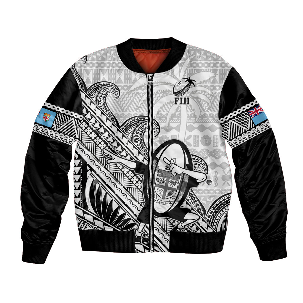 Fiji Tapa Rugby Bomber Jacket Flying Fijian 2023 World Cup With Dabbing Ball LT14 Unisex White - Polynesian Pride