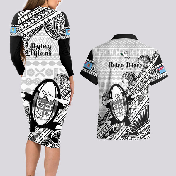 Custom Fiji Tapa Rugby Couples Matching Puletasi Dress and Long Sleeve Button Shirts Flying Fijian 2023 World Cup With Dabbing Ball LT14 main image 1