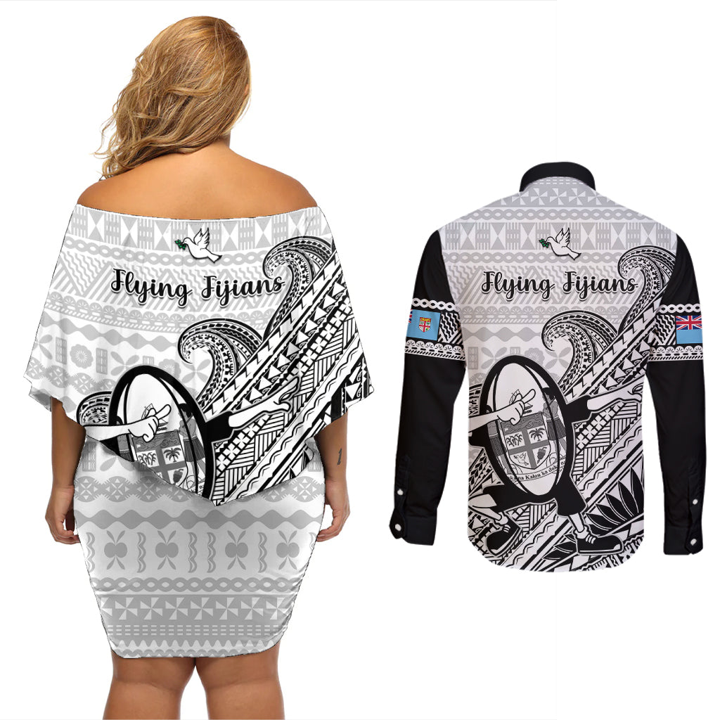 Fiji Tapa Rugby Couples Matching Off Shoulder Short Dress and Long Sleeve Button Shirts Flying Fijian 2023 World Cup With Dabbing Ball LT14 - Polynesian Pride