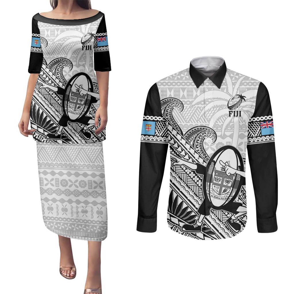 Fiji Tapa Rugby Couples Matching Puletasi Dress and Long Sleeve Button Shirts Flying Fijian 2023 World Cup With Dabbing Ball LT14 White - Polynesian Pride