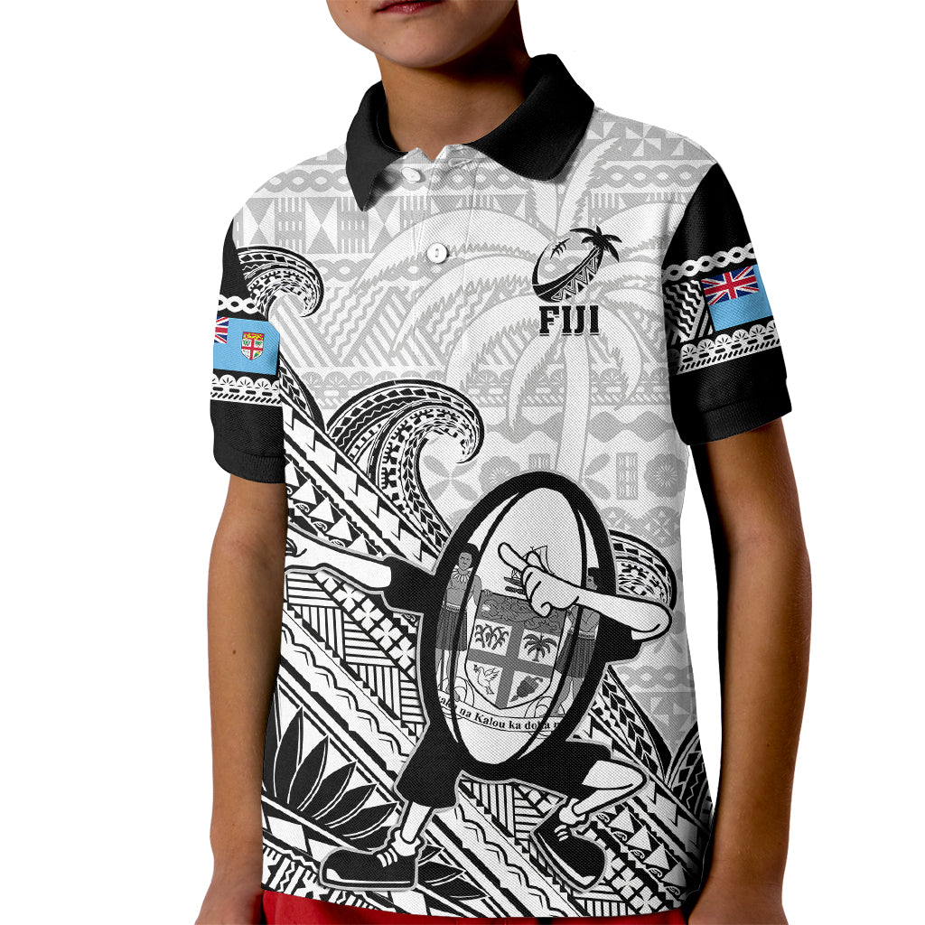 Fiji Tapa Rugby Kid Polo Shirt Flying Fijian 2023 World Cup With Dabbing Ball LT14 Kid White - Polynesian Pride