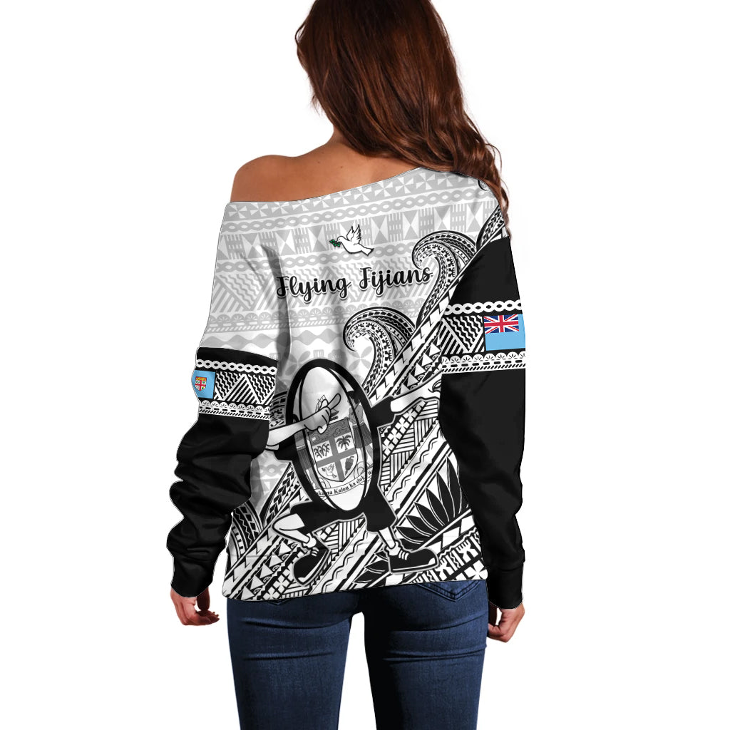 Fiji Tapa Rugby Off Shoulder Sweater Flying Fijian 2023 World Cup With Dabbing Ball LT14 - Polynesian Pride