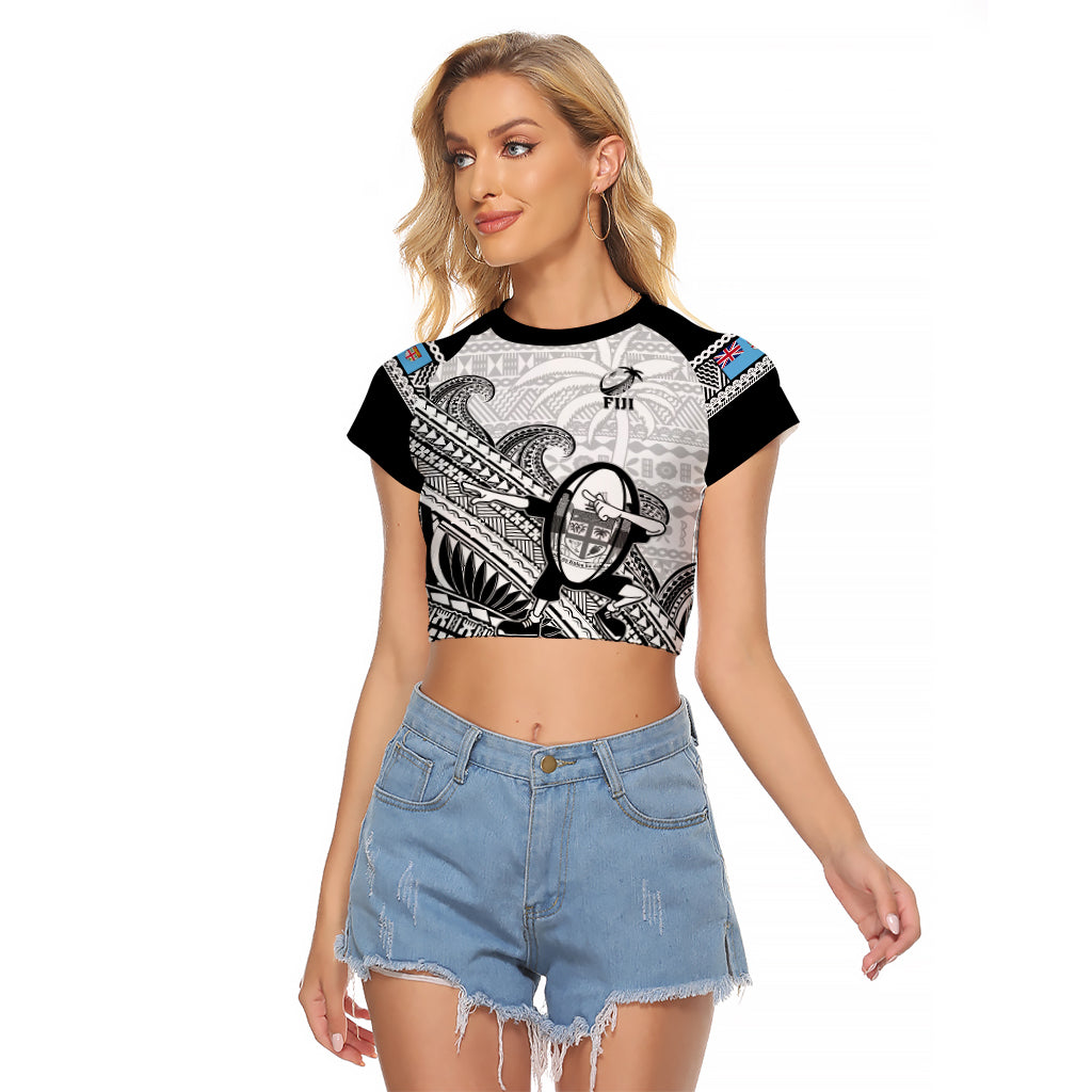 Fiji Tapa Rugby Raglan Cropped T Shirt Flying Fijian 2023 World Cup With Dabbing Ball LT14 Female White - Polynesian Pride