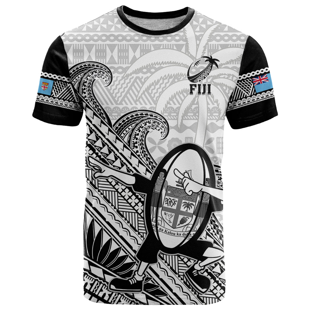Fiji Tapa Rugby T Shirt Flying Fijian 2023 World Cup With Dabbing Ball LT14 White - Polynesian Pride