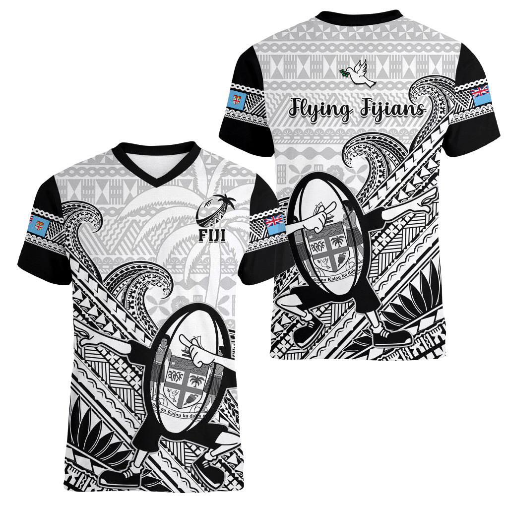 Fiji Tapa Rugby Women V Neck T Shirt Flying Fijian 2023 World Cup With Dabbing Ball LT14 - Polynesian Pride