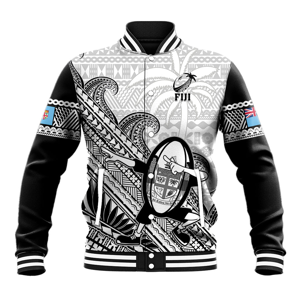 Custom Fiji Tapa Rugby Baseball Jacket Flying Fijian 2023 World Cup With Dabbing Ball LT14 Unisex White - Polynesian Pride
