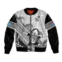 Custom Fiji Tapa Rugby Bomber Jacket Flying Fijian 2023 World Cup With Dabbing Ball LT14 Unisex White - Polynesian Pride