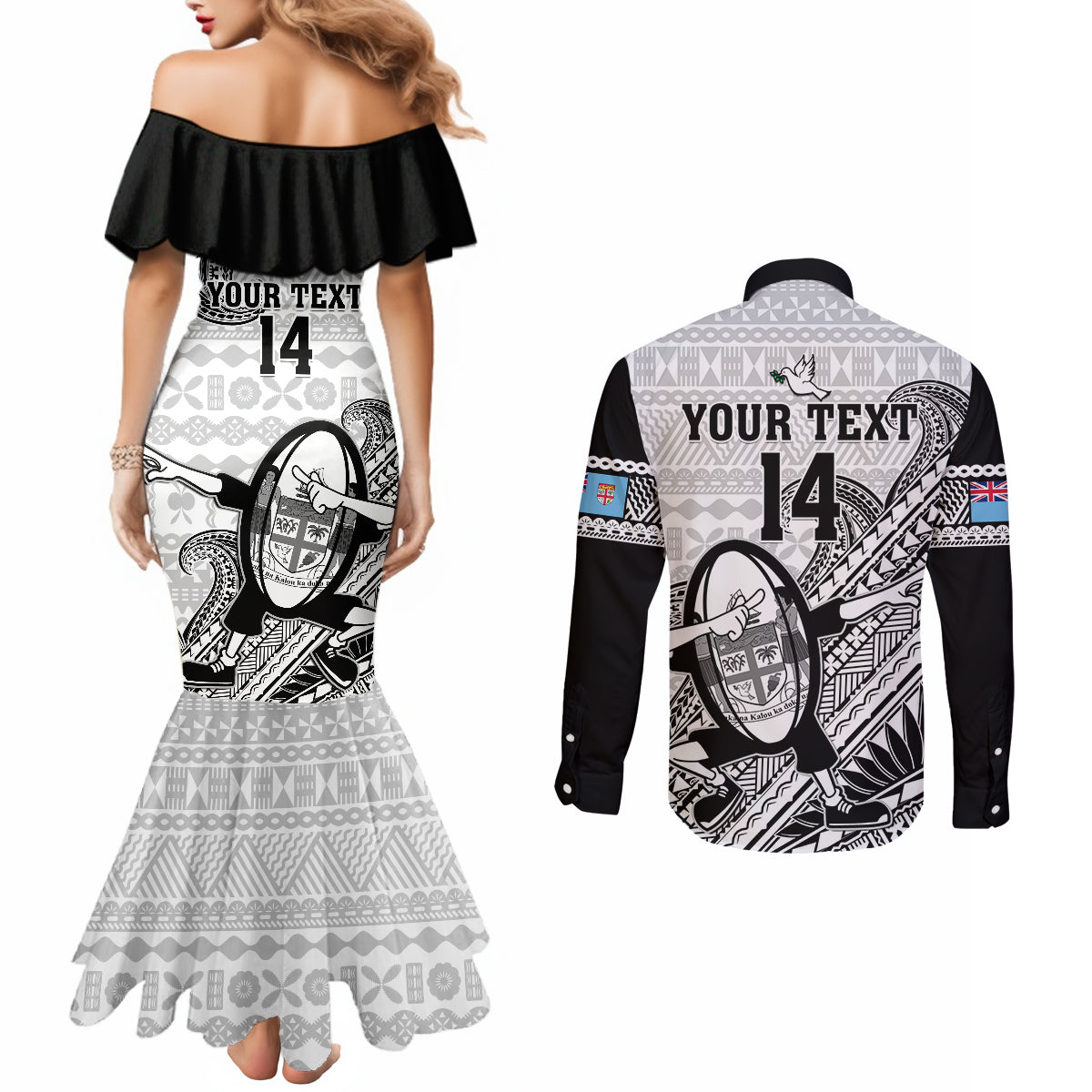 Custom Fiji Tapa Rugby Couples Matching Mermaid Dress and Long Sleeve Button Shirts Flying Fijian 2023 World Cup With Dabbing Ball LT14 - Polynesian Pride