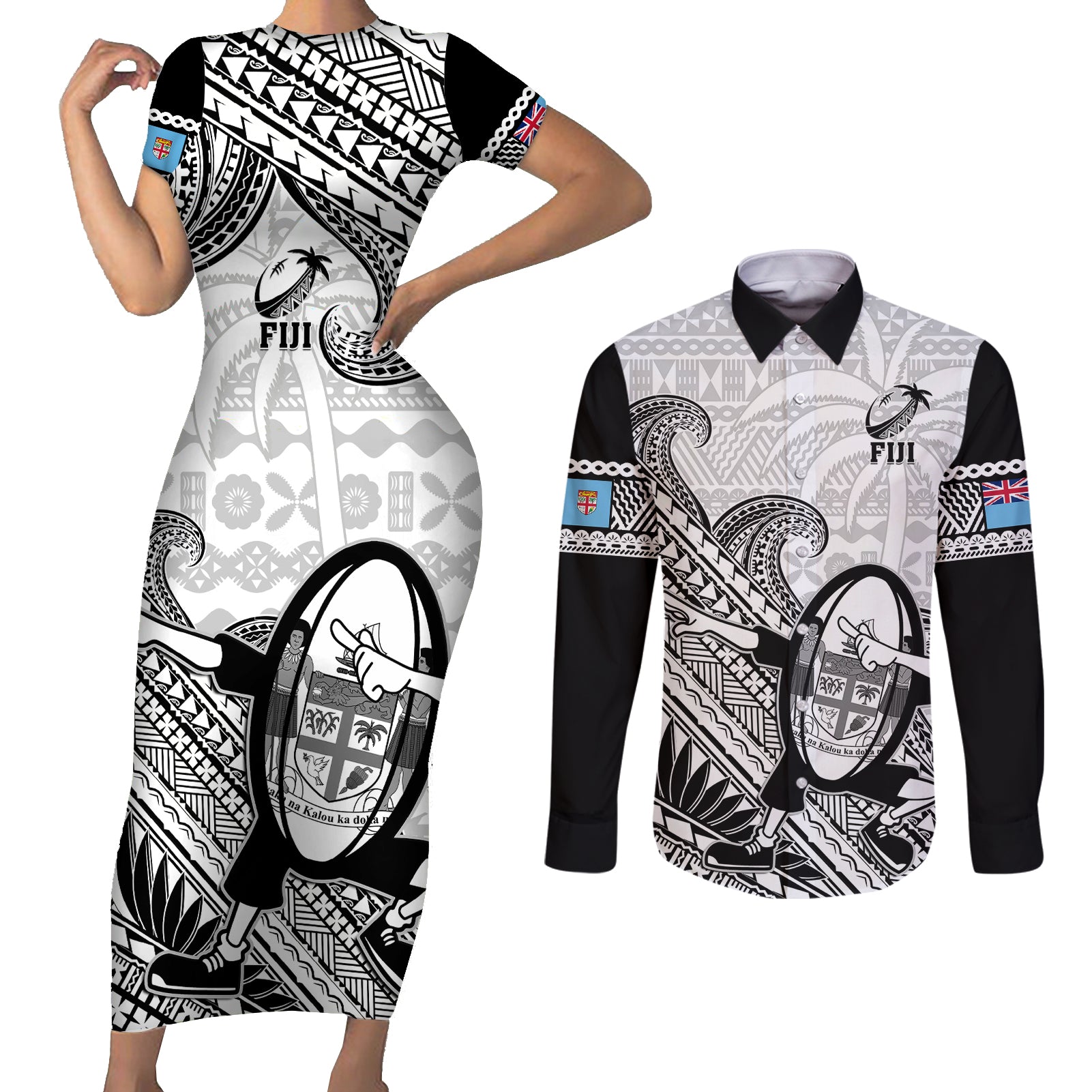 Custom Fiji Tapa Rugby Couples Matching Short Sleeve Bodycon Dress and Long Sleeve Button Shirts Flying Fijian 2023 World Cup With Dabbing Ball LT14 White - Polynesian Pride