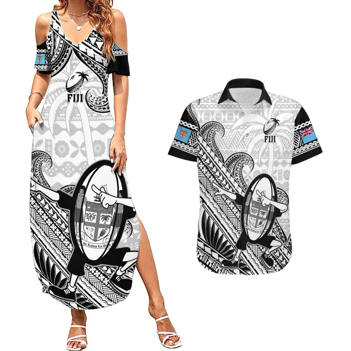 Custom Fiji Tapa Rugby Couples Matching Summer Maxi Dress and Hawaiian Shirt Flying Fijian 2023 World Cup With Dabbing Ball LT14 White - Polynesian Pride