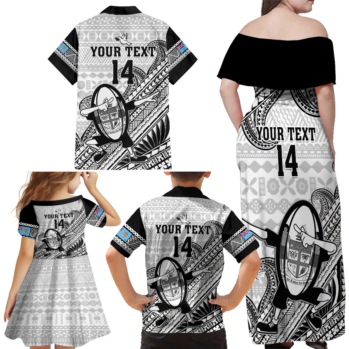 Custom Fiji Tapa Rugby Family Matching Off Shoulder Maxi Dress and Hawaiian Shirt Flying Fijian 2023 World Cup With Dabbing Ball LT14 - Polynesian Pride