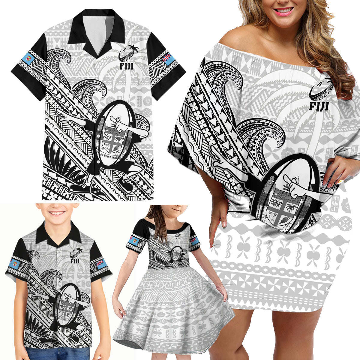 Custom Fiji Tapa Rugby Family Matching Off Shoulder Short Dress and Hawaiian Shirt Flying Fijian 2023 World Cup With Dabbing Ball LT14 - Polynesian Pride