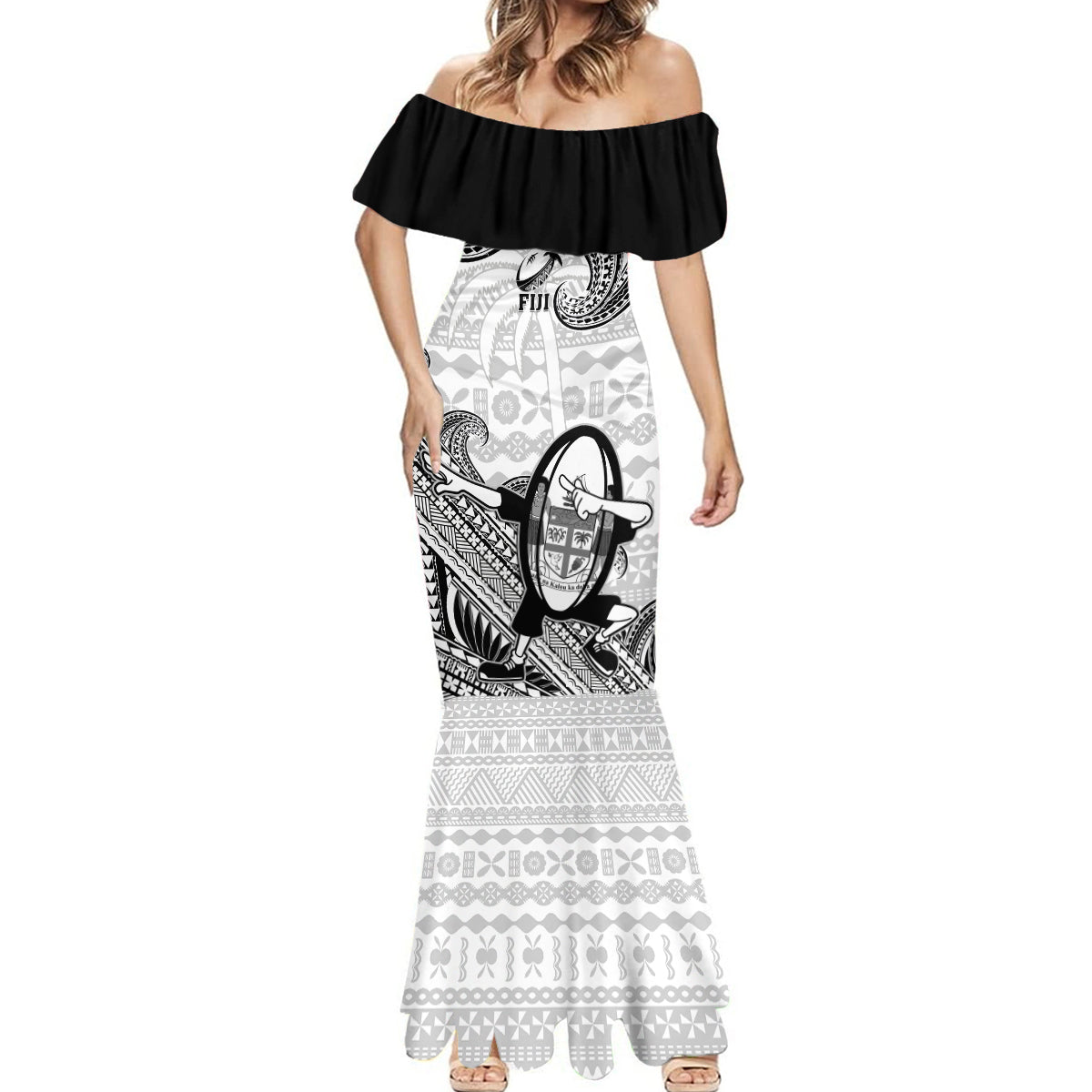 Custom Fiji Tapa Rugby Mermaid Dress Flying Fijian 2023 World Cup With Dabbing Ball LT14 - Polynesian Pride