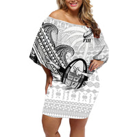 Custom Fiji Tapa Rugby Off Shoulder Short Dress Flying Fijian 2023 World Cup With Dabbing Ball LT14 Women White - Polynesian Pride