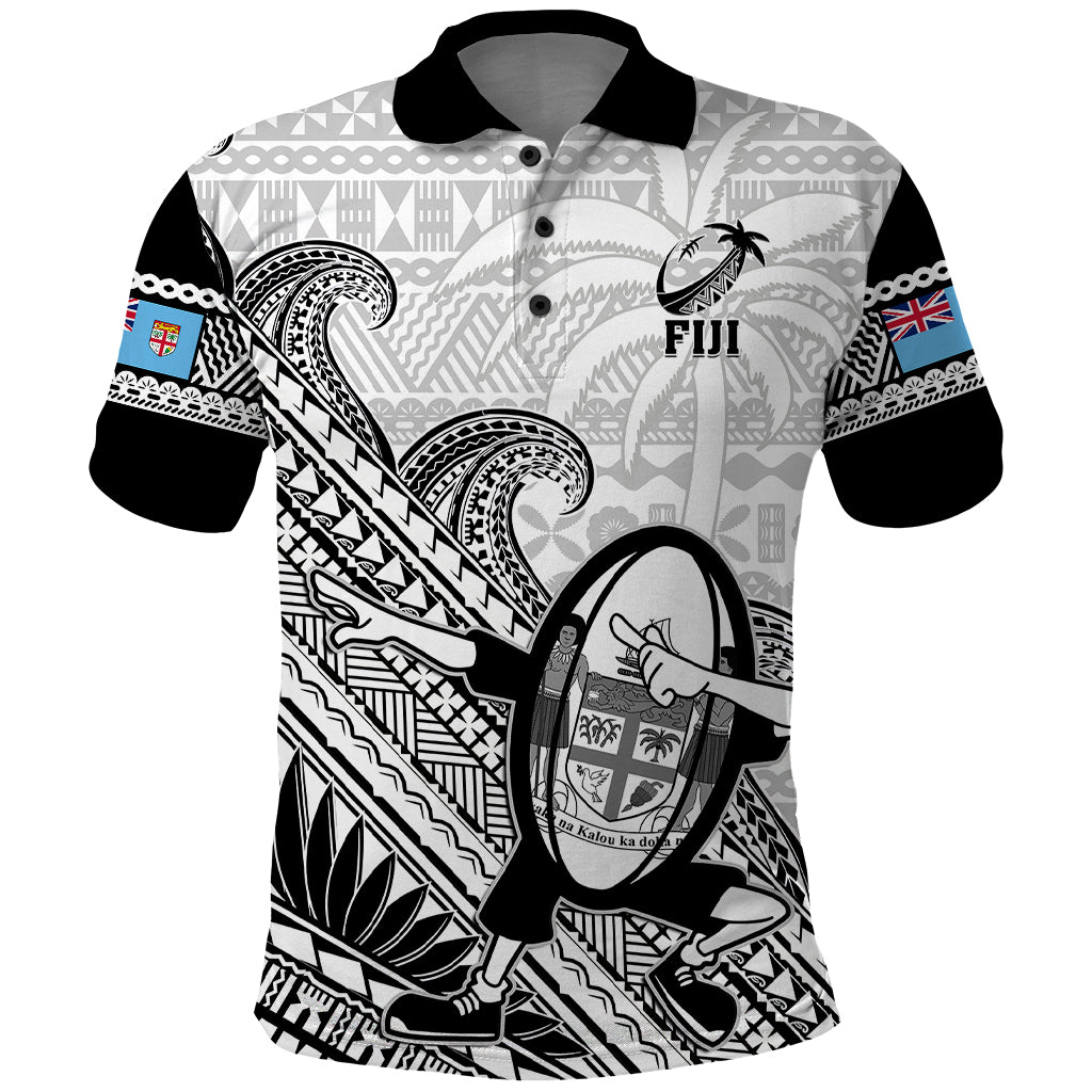 Custom Fiji Tapa Rugby Polo Shirt Flying Fijian 2023 World Cup With Dabbing Ball LT14 White - Polynesian Pride