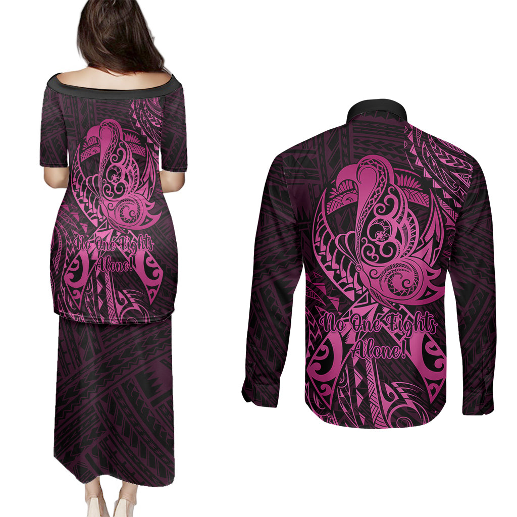 Polynesia Breast Cancer Awareness Couples Matching Puletasi Dress and Long Sleeve Button Shirts No One Fights Alone Pink Ribbon With Butterfly LT14 - Polynesian Pride
