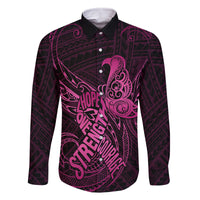 Polynesia Breast Cancer Awareness Family Matching Mermaid Dress and Hawaiian Shirt No One Fights Alone Pink Ribbon With Butterfly LT14 Dad's Shirt - Long Sleeve Pink - Polynesian Pride