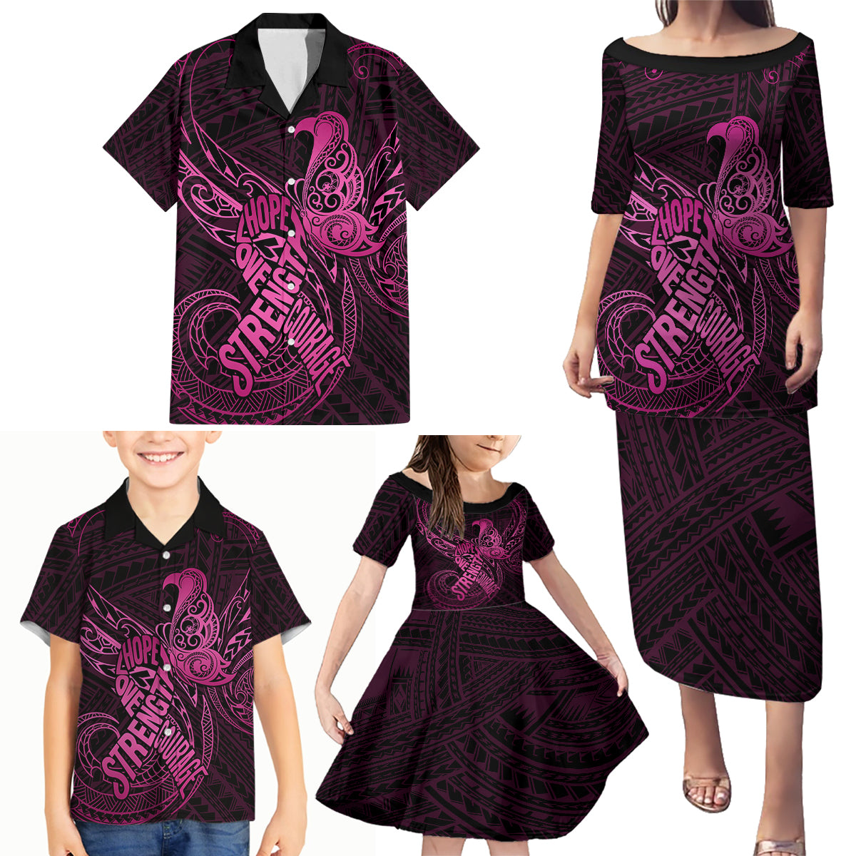 Polynesia Breast Cancer Awareness Family Matching Puletasi Dress and Hawaiian Shirt No One Fights Alone Pink Ribbon With Butterfly LT14 - Polynesian Pride