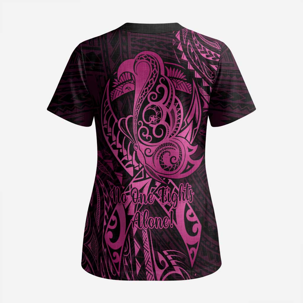 Polynesia Breast Cancer Awareness Scrub Top No One Fights Alone Pink Ribbon With Butterfly - Polynesian Pride