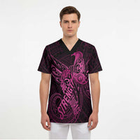 Polynesia Breast Cancer Awareness Scrub Top No One Fights Alone Pink Ribbon With Butterfly - Polynesian Pride