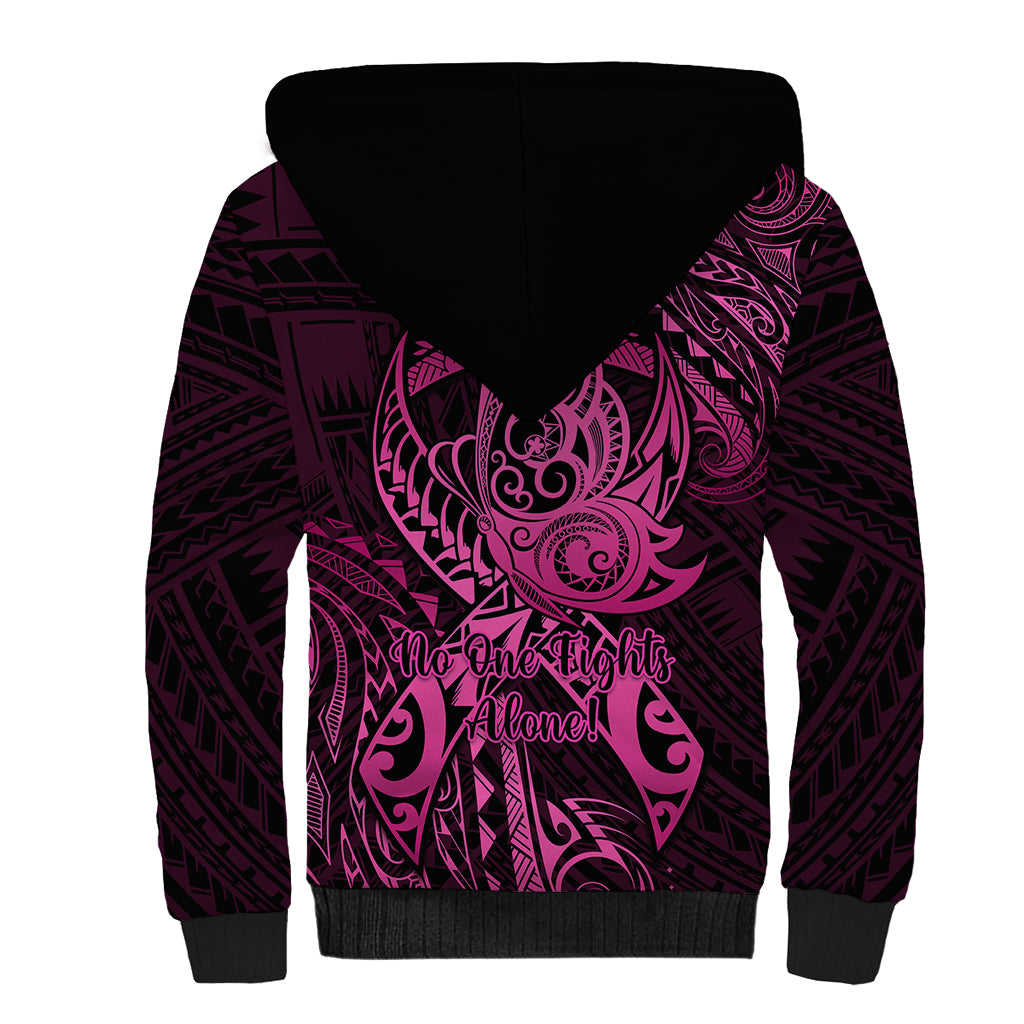 Polynesia Breast Cancer Awareness Sherpa Hoodie No One Fights Alone Pink Ribbon With Butterfly LT14 - Polynesian Pride