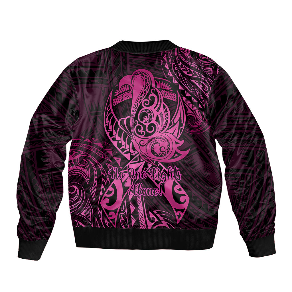 Polynesia Breast Cancer Awareness Sleeve Zip Bomber Jacket No One Fights Alone Pink Ribbon With Butterfly LT14 - Polynesian Pride