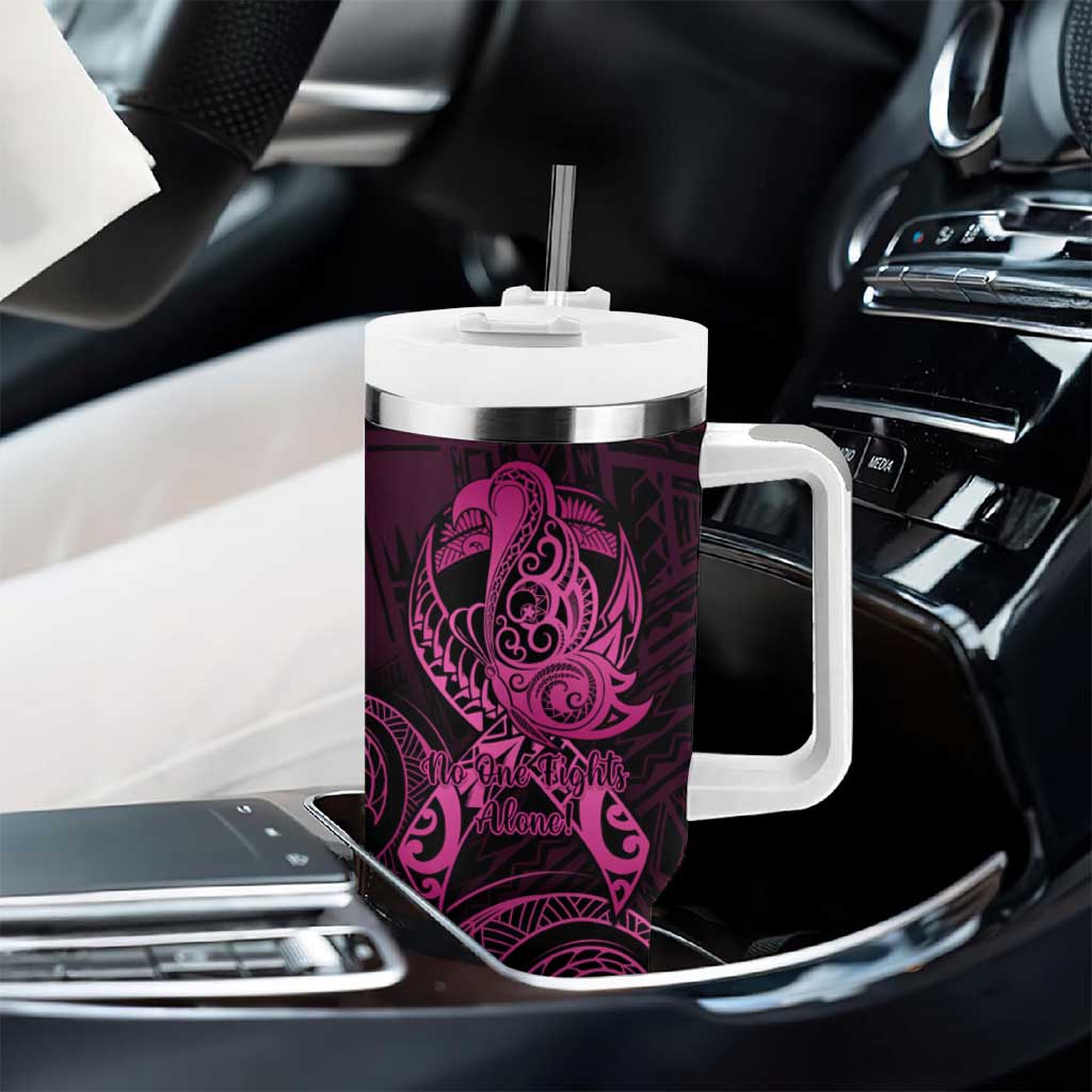 Polynesia Breast Cancer Awareness Tumbler With Handle No One Fights Alone Pink Ribbon With Butterfly