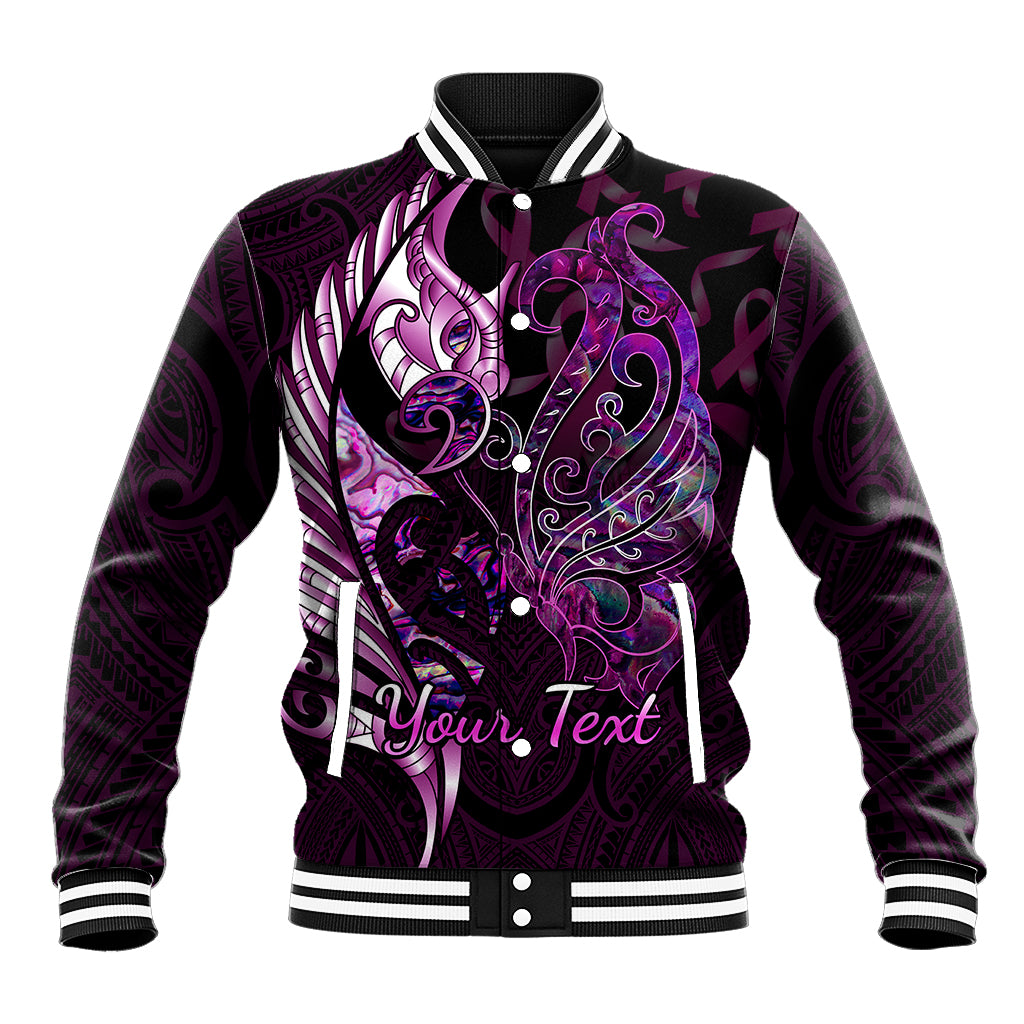 Personalised New Zealand Breast Cancer Baseball Jacket Fight Like A Girl Pink Manaia Fern With Paua Shell LT14 Unisex Pink - Polynesian Pride