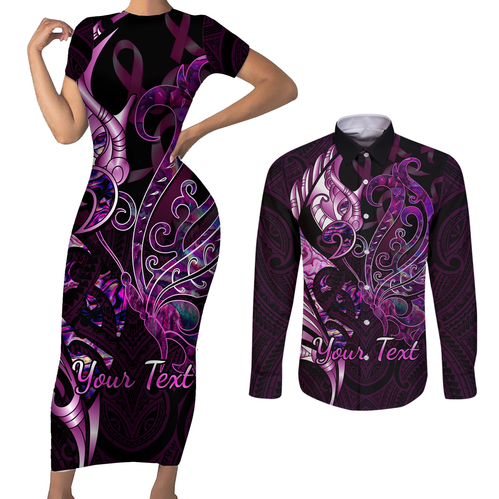 Personalised New Zealand Breast Cancer Couples Matching Short Sleeve Bodycon Dress and Long Sleeve Button Shirts Fight Like A Girl Pink Manaia Fern With Paua Shell LT14 Pink - Polynesian Pride