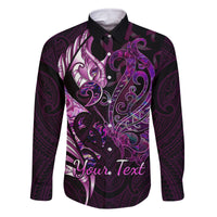 Personalised New Zealand Breast Cancer Family Matching Off Shoulder Long Sleeve Dress and Hawaiian Shirt Fight Like A Girl Pink Manaia Fern With Paua Shell LT14 Dad's Shirt - Long Sleeve Pink - Polynesian Pride