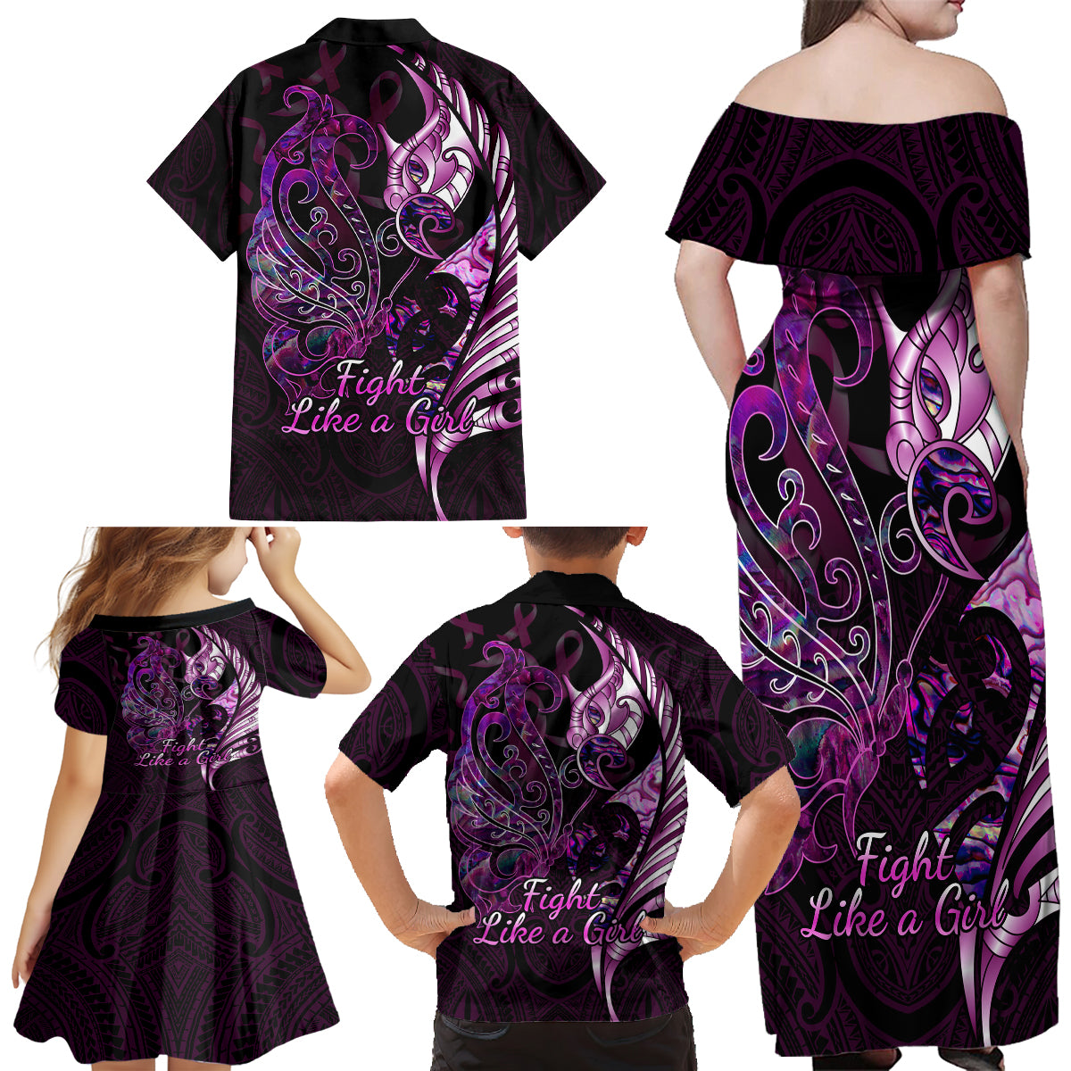 Personalised New Zealand Breast Cancer Family Matching Off Shoulder Maxi Dress and Hawaiian Shirt Fight Like A Girl Pink Manaia Fern With Paua Shell LT14 - Polynesian Pride