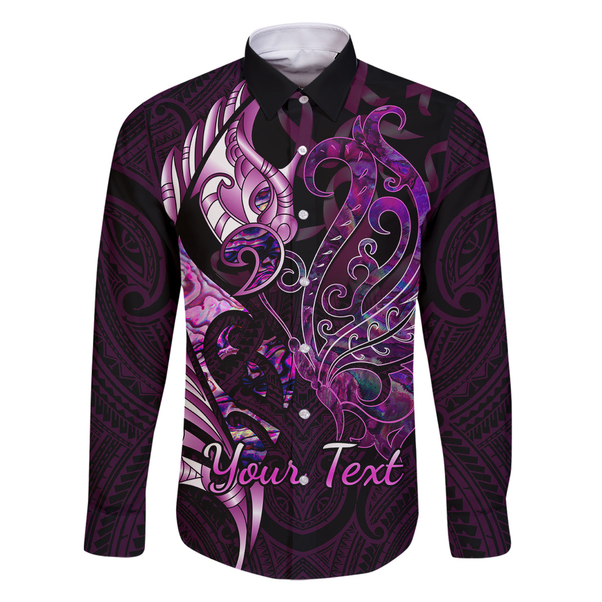 Personalised New Zealand Breast Cancer Family Matching Off Shoulder Maxi Dress and Hawaiian Shirt Fight Like A Girl Pink Manaia Fern With Paua Shell LT14 Dad's Shirt - Long Sleeve Pink - Polynesian Pride