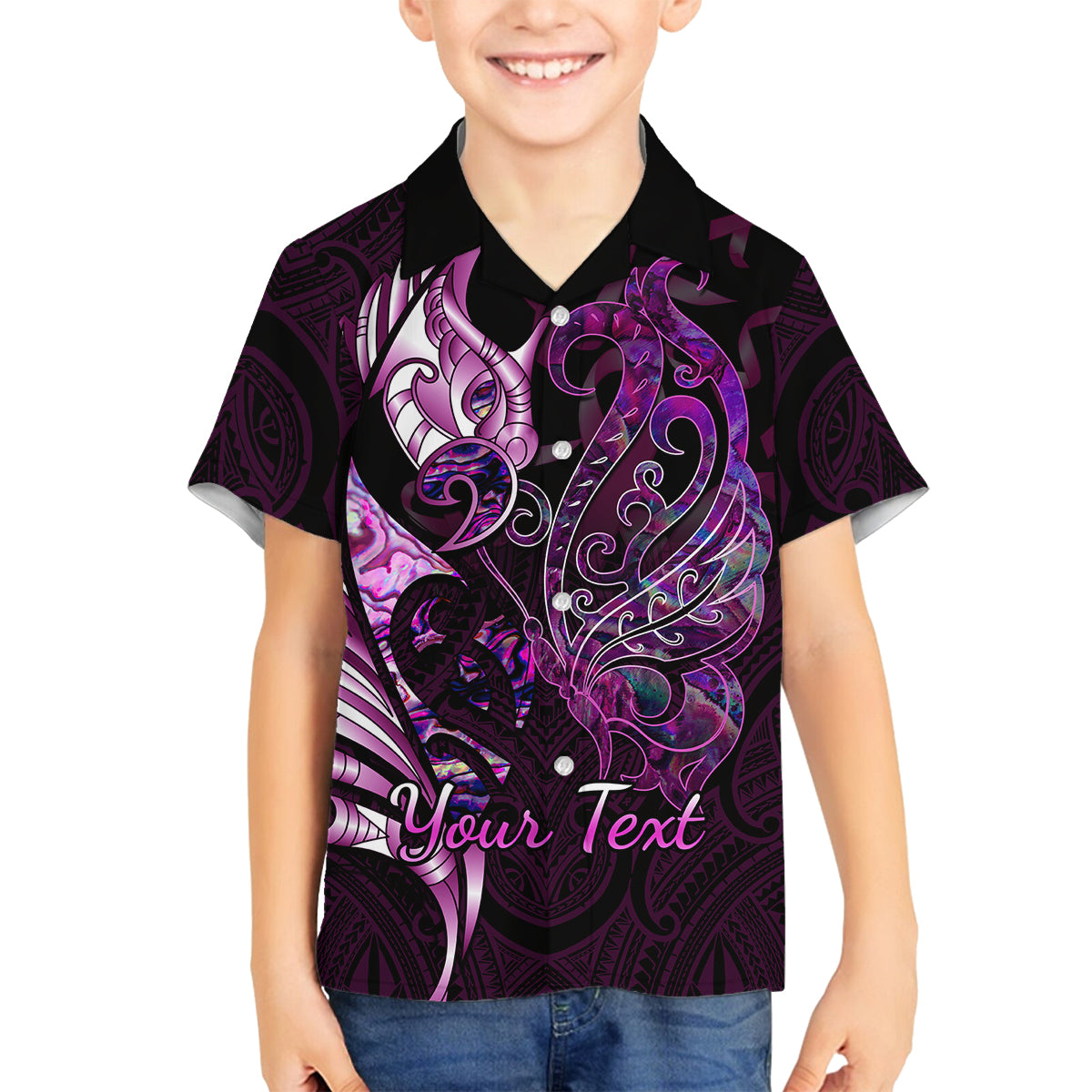 Personalised New Zealand Breast Cancer Family Matching Off Shoulder Maxi Dress and Hawaiian Shirt Fight Like A Girl Pink Manaia Fern With Paua Shell LT14 Son's Shirt Pink - Polynesian Pride